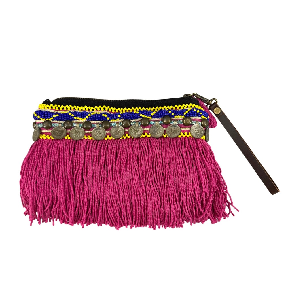 Elliot Mann Coin‎ Beaded Fringe Clutch Wristlet Boho Hippie Festival Bag